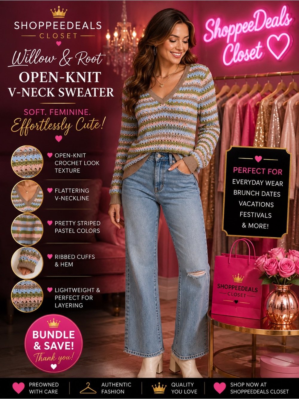 Willow & Root Open-Knit Striped V-Neck Sweater – Size M